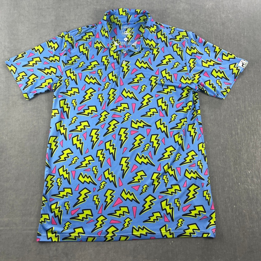 Blue Lightning Bolt Proud 90 Mens L Golf Polo Shirt 90s Retro Performance